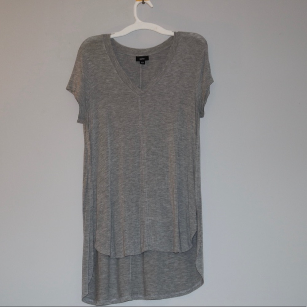 long grey tee shirt with a V-neck